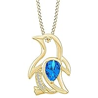 Created Pear Cut Blue Topaz Gemstone 925 Sterling Silver 14K Gold Over Diamond Cute Penguin Pendant Necklace for Women's & Girl's