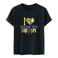I Love Someone with Autism Shirts Women Short Sleeve Crewneck Tops Funny Puzzle Love Heart Graphic Tee Blouses
