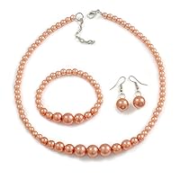 Avalaya Peach Orange Glass Bead Necklace/Stretch Bracelet/Drop Earrings Set - 44cm L/ 4cm Ext