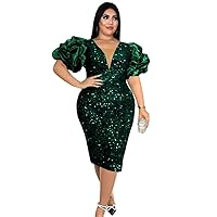 Exclusive Women Plus Size Evening Gown Dress Green/Red V-Neck Puff Sleeve Sequin Large Size Party Dress