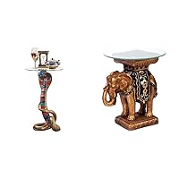 Design Toscano Renenutet Egyptian Cobra Snake Goddess Side End Table, Single, Full Color & Maharajah Elephant Indian Decor Glass Topped Side Table, 22 Inch, Two Tone Black and Gold