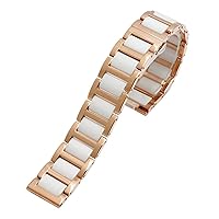 for Women Man Ceramic Bracelet Stainless Steel Combination watchband 12 14 15 16 18 20 22mm Strap Fashion Watch Wristwatch Band (Color : Rose Gold White, Size : 14mm)