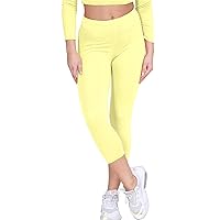 New Womens Plain Stretchy 3/4 Leggings Workout Tight Cropped Capri Active Pants Yellow