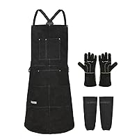 Leather Welding Apron with Welding Sleeves+Welding Gloves - 6 Tool Pockets for Men& Women - Work Apron - Ideal for Woodworking, Blacksmithing, Gardeners, Mechanics, BBQ - Adjustable M to XXXL