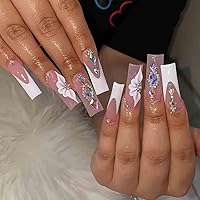 White Press on Nails Artificail Extra Long, French Square Fake Nails, Crystal Flowers Nails Acrylic Full Cover Long Fake Nails with Design Nail Tips for Women&Girls-24PCS