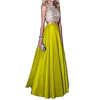 Women's Crystal Beaded Long Prom Dresses A Line Two Piece Formal Evening Dress Yellow
