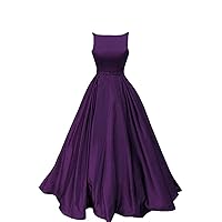 Women's Scoop Neckline Satin Backless Evening Dress Sleeveless Beaded Long Prom Dress Grape Purple