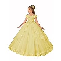 Flower Girls Tulle Princess Pageant Dress for Wedding Off Shoulder Applique Floor Length Prom Ball Gowns