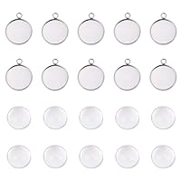 UNICRAFTALE 10 Sets 16mm Flat Round Tray Pendants Making Kits 304 Stainless Steel Pendant Cabochon Settings and Clear Glass Cabochon Metal DIY Pendant Findings for Women Necklaces Jewelry Making