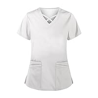 Customize Scrub Tops - Fashion Personalized Scrubs for Women V-Neck Short Sleeve Nursing Uniform, Comfortable Workwear with Pockets, White, Small