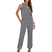 Womens 2 Piece Outfits Loungewear Set Summer Sleeveless V Neck Tank Tops and Cinch Bottom Pajamas Sets with Pockets