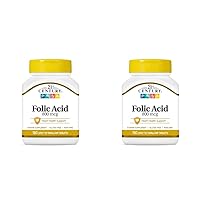 21st Century 800 mcg Folic Acid Tablets, Assorted, 180 Count (Pack of 2)