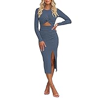 Pink Queen Women's Crew Neck Long Sleeve Midi Dress Cutout Twist Front Bodycon Slit Pencil Ribbed Knit Dresses