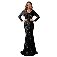 Women's Long Sleeve Retro Party Sequin Prom Dresses Elegant Mermaid Formal Evening Gowns