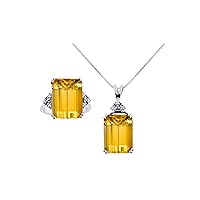 Rylos Women's Sterling Silver Emerald Cut Gemstone & Genuine Diamond Ring & Necklace. Rectangular 16X12MM Birthstone. Perfectly Matching Friendship Jewelry. Sizes 5-13.