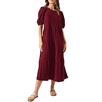 Short Puff Sleeve Dresses for Women Fall Summer Crewneck Maxi Long Beach Hawaiian Ruched Dresses Women 2024