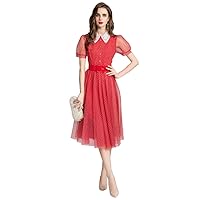 Women Retro Hepburn Evening Dress Red Polka Dots Short Sleeve Mesh Midi Dress