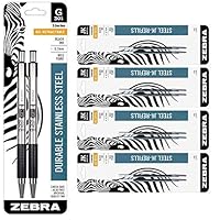 Zebra Pen G-301 Stainless Steel Retractable Gel Pen, Medium Point, 0.7mm, Black Ink, 2-Count Bundle with 8 Pen Refills, 0.7mm