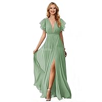 Women's Ruffle Sleeves Bridesmaid Dresses for Wedding 2024 Ruched Chiffon V Neck Long Formal Evening Dresses with Slit