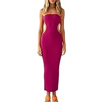 Womens Summer Dresses Acrylic fibers Strapless Low Cut Backless Skinny Maxi Dress Wedding Guest Dress(Hot Pink,Large)