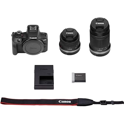 Canon EOS R100 Mirrorless Camera with 18-45mm and 55-210mm Lenses Kit (6052C022) + Filter Kit + Corel Photo Software + Bag + 64GB Card + LPE17 Battery + Charger + Flex Tripod + More (Renewed)