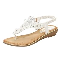 Thong Sandals for Women Beach,Bohemia Floral Flat Sandals T-Strap Summer Beach Glitter Beaded Elastic Flip-Flop Thong Shoes