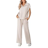 Pink Queen Womens Two Piece Outfits Sleeveless Pullover Tops and Wide Leg Pants Half Zip Jogger Lounge Sets