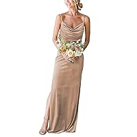 Women's Long Velvet Bridesmaid Dresses Cowl Neck Fitted Modern Formal Wedding Guest Party Dress with Slit MA21
