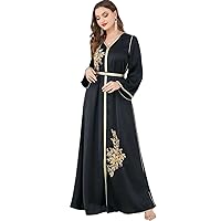 Floral Embroidery Lace Panel Belted Dress V-Nek Long Dresses Black Abaya Muslim Women Clothing Ramadan
