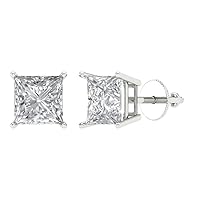 4 ct Brilliant Princess Cut Solitaire Studs Clear Simulated Diamond 14k White Solid Gold Earrings, Screw back
