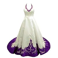 Women's Elegant A-line Embroidery Satin Halter Wedding Dress Bridal Gown