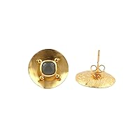 Designer Gold Plated Natural Grey Chalcedony Gemstone Lightweight Brass Stud Earrings Jewelry.