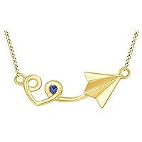 Created Round Cut Blue Sapphire Gemstone 925 Sterling Silver 14K Gold Over Diamond Paper Plane Pendant Necklace for Women's & Girl's