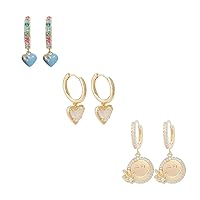 3 Pairs Preppy Earrings for Teen Girls Women Smiley Face Heart Charms Pendants Gold Small Huggie Hoop Dangle Drop Earrings Trendy Y2K Jewelry Gifts