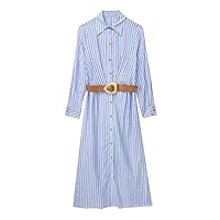 Striped Shirt Dress Woman Pleated Long Dress Women Belt Office Midi Dresses for Women Long Sleeve Summer Dresses
