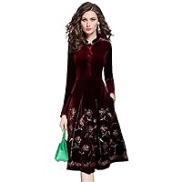 Fall Spring Womens Stand Collar Embroidery Velour Dress Slim Waisted Dresses for Woman