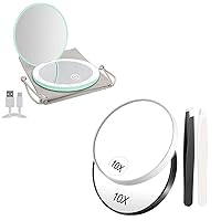 10X Magnifying Mirror with Eyebrow Tweezers, Compact Mirror with LED Light,1x/10x Magnifying Rechargeable Mirror,3.5in Pocket Mirror, Dimmable Travel Mirror for Purse.