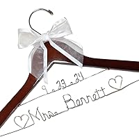 Bride Wedding Dress Hanger Personalized Bride Name Mrs Silver Or Gold Wire Writing - Dark Wood or White Wood Hanger With Notches Choice of 10 Bow Colors With or Without Wedding Date, Graduation Gown