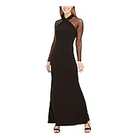 Calvin Klein Cross Neck Gown w/Illusion Sleeve Black 14