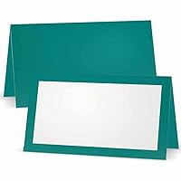 Teal Place Cards - Flat or Tent Style - 10 or 50 Pack- White Front with Solid Color Border Placement Table Name Seating Stationery Party Supplies (50, Tent Style)