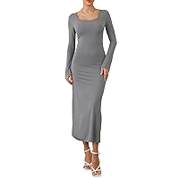 Womens Sexy Long Sleeve Dress Fall Backless Ribbed Bodycon Maxi Dress Square Neck Ruched Soft Lounge Long Dresses