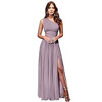 HUUTOE One Shoulder Bridesmaid Dresses for Wedding Long with Slit Chiffon Pleated Formal Evening Dress with Pockets