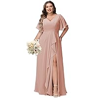 Women Short Sleeves Bridesmaid Dresses Plus Size 2024 with Slit Chiffon V Neck Long Formal Party Dress with Pocket DE52