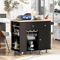 Elefesign Kitchen Island with Power Outlet, Kitchen Storage Island with Drop Leaf and Rubber Wood, Open Storage and Wine Rack, 5 Wheels with Adjustable Storage for Kitchen and Dining Room, Black