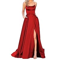 Women's Long Satin Prom Dresses with Pockets Spaghetti Slit Formal Party Gowns