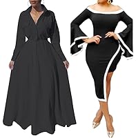 Maxi Shirt Dress and Bell Sleeve Bodycon Dress Off The Shoulder Black and White Plus Size Button Down Long Shirts Party Cocktail Club Casual Dresses