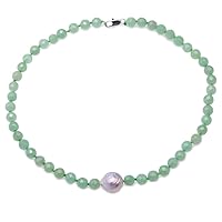 JYX Gemstone Jewellery Jade Necklace 8-8.5mm Faceted Round Green Jade Stone with a Big Irregular White Pearl Necklace for Women 18