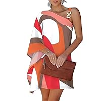 Fashion Print Sexy Diagonal Neck Strapless Dress (Color : Orange, Size : Small)