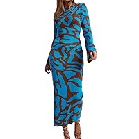 Fall Winter Women Dress Color Matching Waved Print Long Sleeve Slim Fit Thick Warm Ankle Length