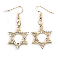 Star of David Crystal Drop Earrings in Gold Tone - 50mm L